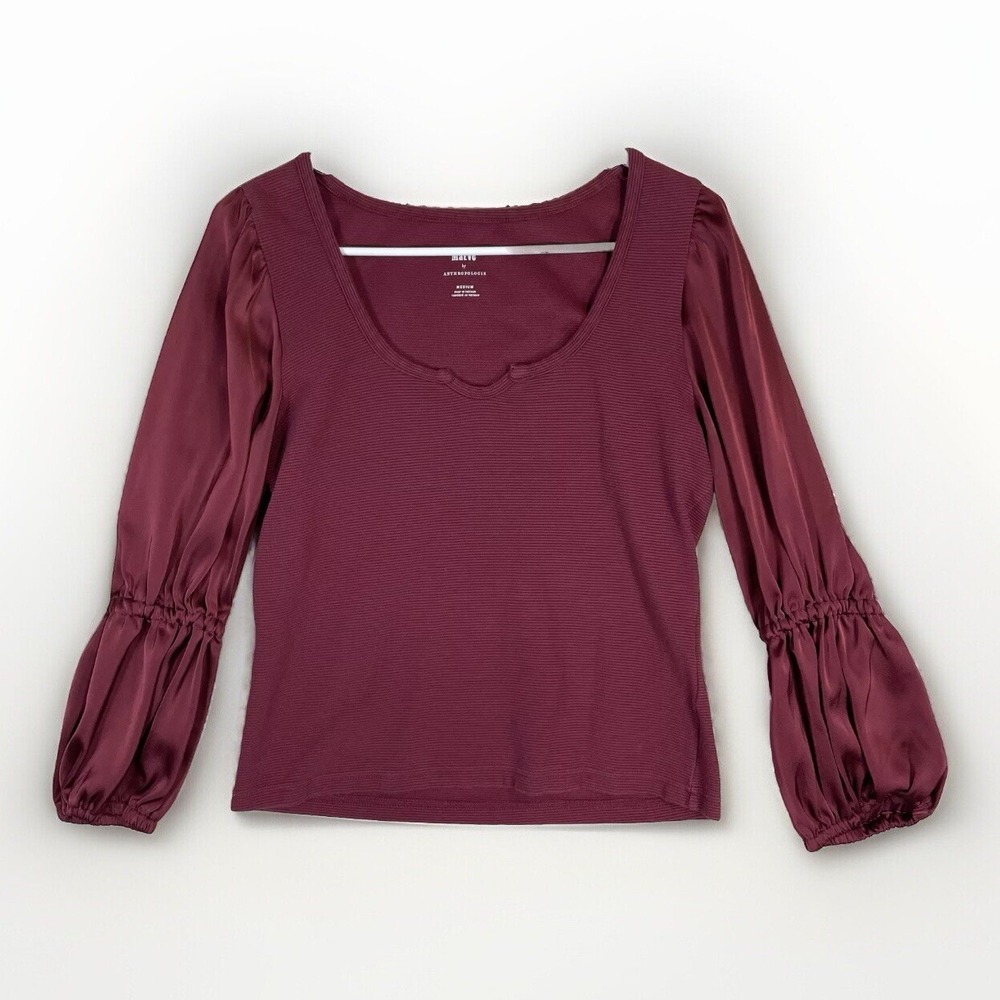 Maeve Anthropologie Split Neck Top Tiered Satin Sleeve Ribbed Blouse Medium